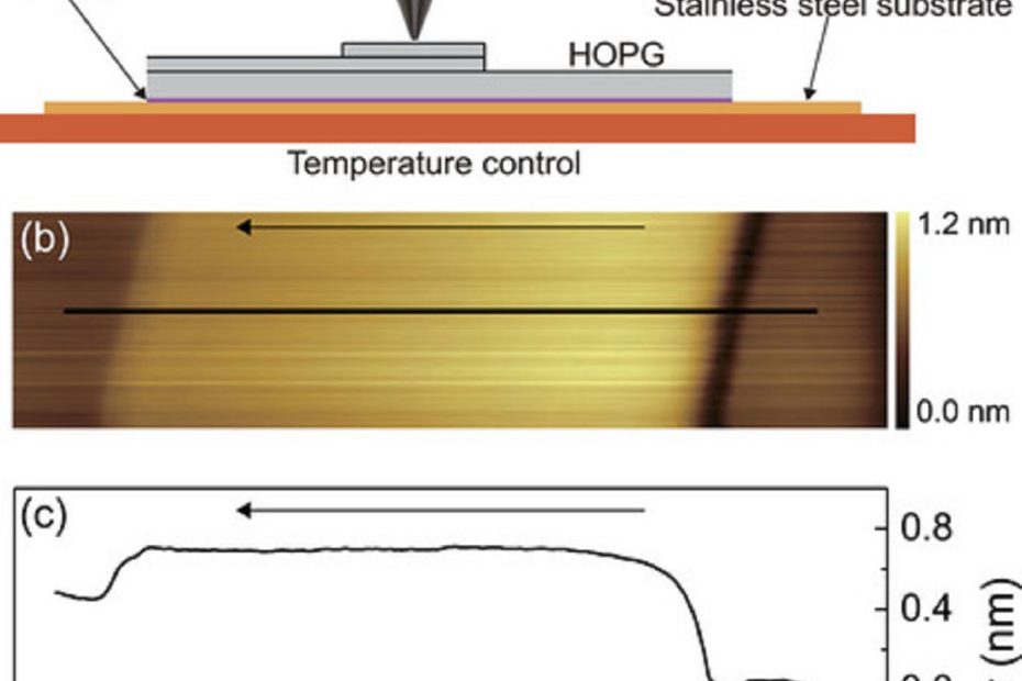 Figure 1 from “Temperature effects on the nano-friction across exposed atomic step edges” by Wen Wang et al.: Experimental setup and the topographic image of the HOPG surface with step edges used in our measurements. (a) Illustration of the experimental setup. All experiments have been performed using a conventional friction force microscope on a freshly cleaved HOPG sample which was in contact with the temperature control stage under UHV conditions. (b) The typical topographic image of the HOPG surface with a single- and double-layer step edge obtained at T = 297.7 K using the contact mode operation with an applied normal force of 13.1 nN and a scan velocity of 1.25 μm/s. (c) The cross-section height profile across the step edges highlighted in (b). The black arrows in (b) and (c) indicate the scanning direction. NANOSENSORS PointProbe Plus PPP-LFMR AFM probes for lateral force microscopy and friction force microscopy were used.