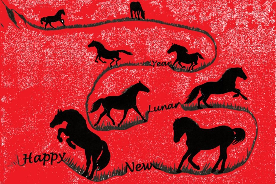 Black silhouette drawing of 8 horses grazing on a hillside with happy new lunar year writing growing out of the grass in front of a red background